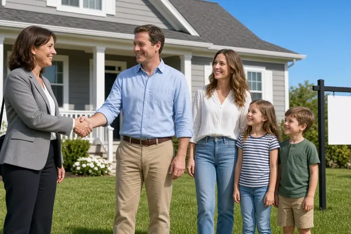 Family and agent celebrating sold home