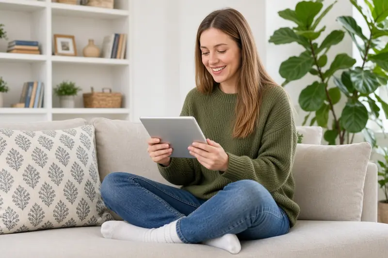 Woman reviewing cash offer on tablet