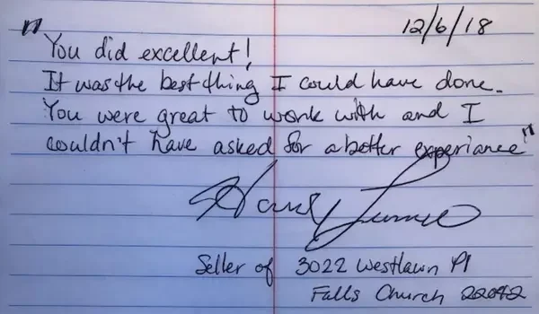 Handwritten 5-star review from a homeowner